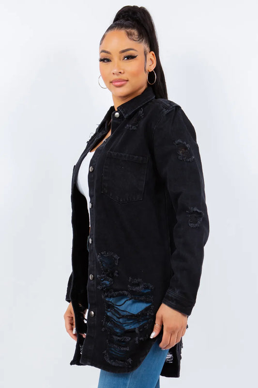 Distressed Button Up Long Sleeve Denim Jacket - 100% Cotton 75aa4d02-99eb-46dc-a2da-f01104628b1e-Max