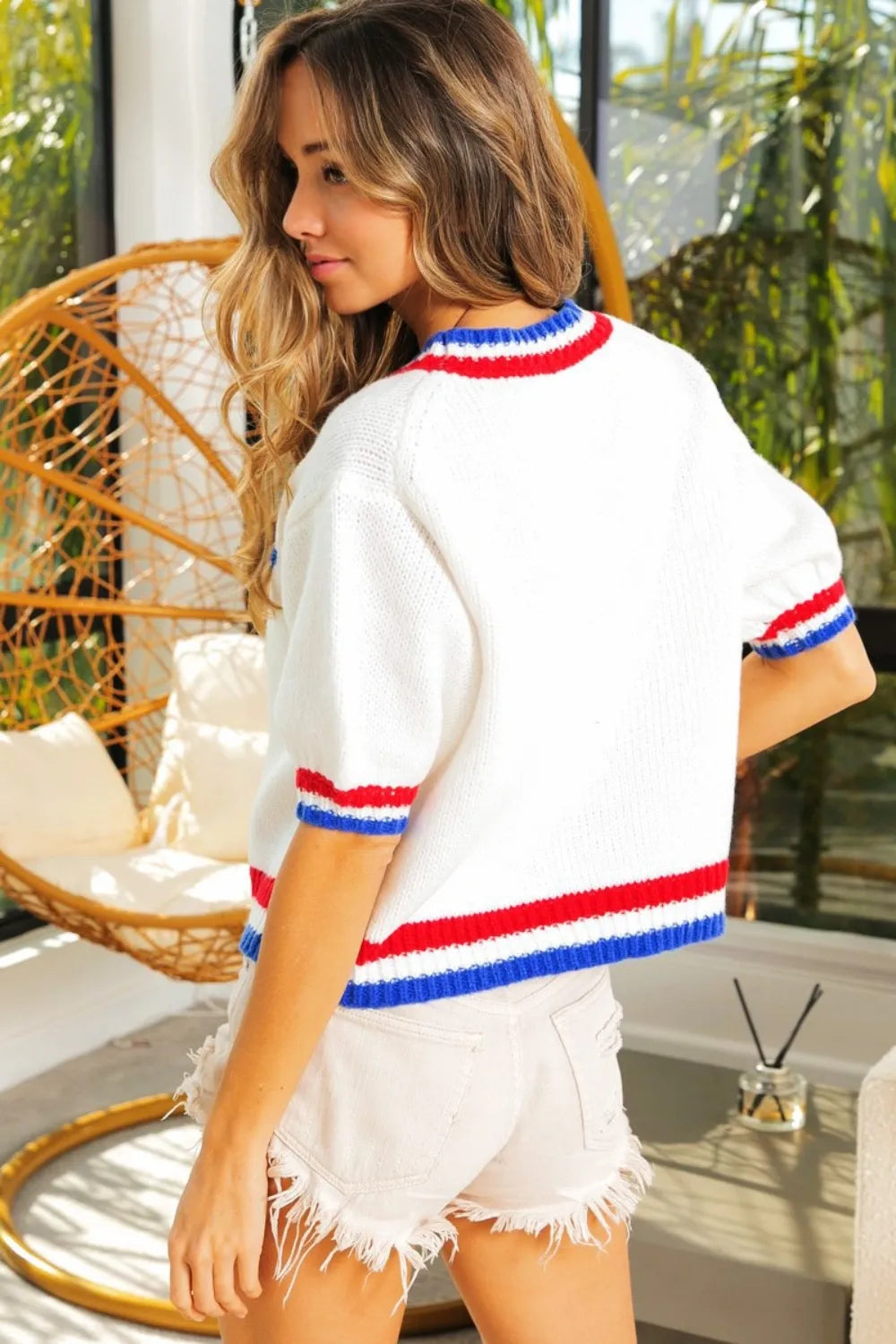 BiBi Metallic America Letter Short Sleeve Sweater 75ab1d65-98c1-4856-b750-82a5f406e80e-Max