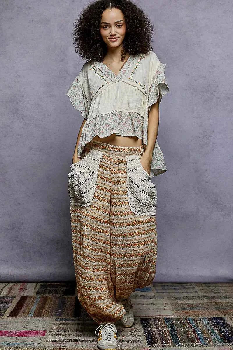 POL Floral V-Neck Short Sleeve Ruffled Double Gauze Blouse with Embroidery Detail 75ade529-376c-497b-bdd8-07a015c49354-Max-Origin