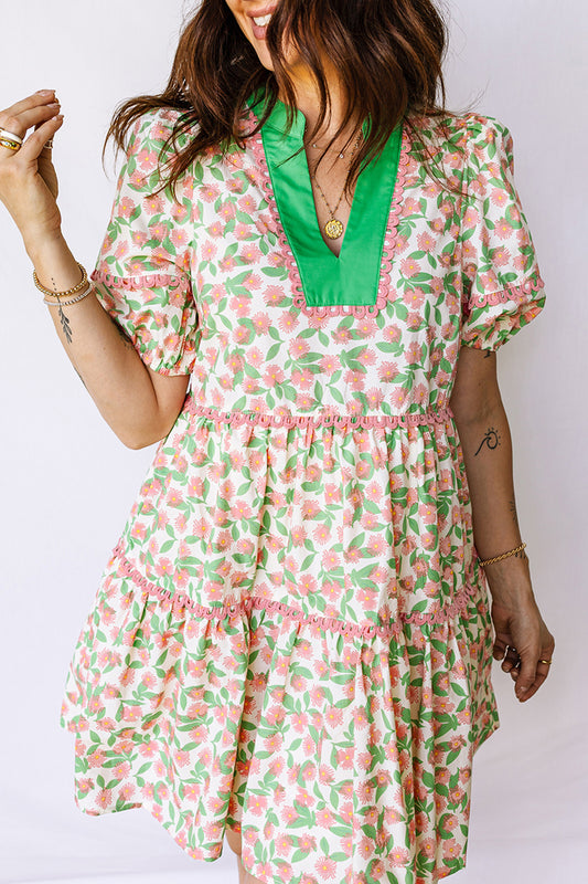 Green Contrast Neckline Ricrac Trim Floral Short Puff Sleeve Dress 75ae31eef649c101