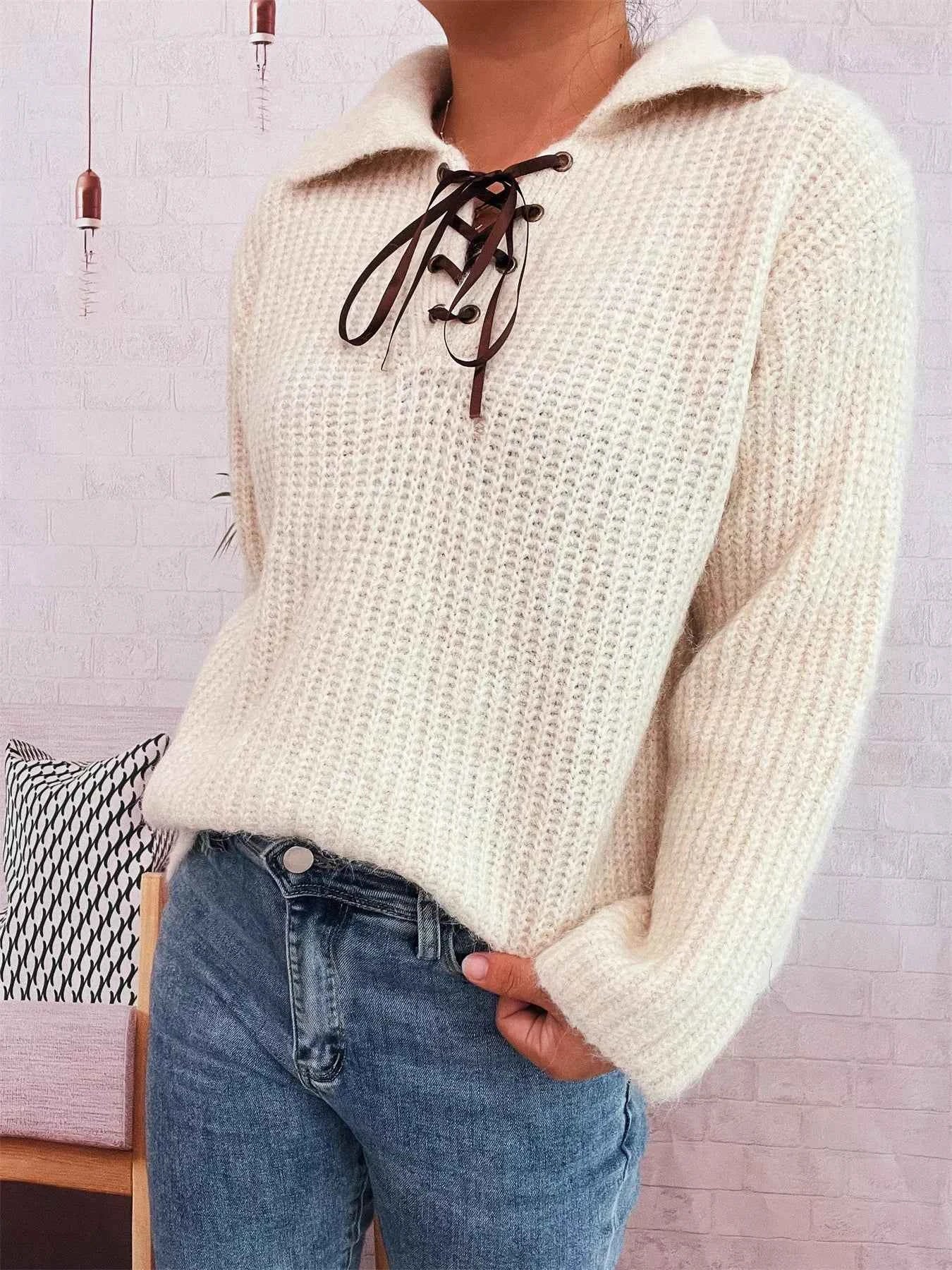 Lace Up Long Sleeve Sweater White One Size 75b12f54609140f8b618122f53b8389f-Max-Origin