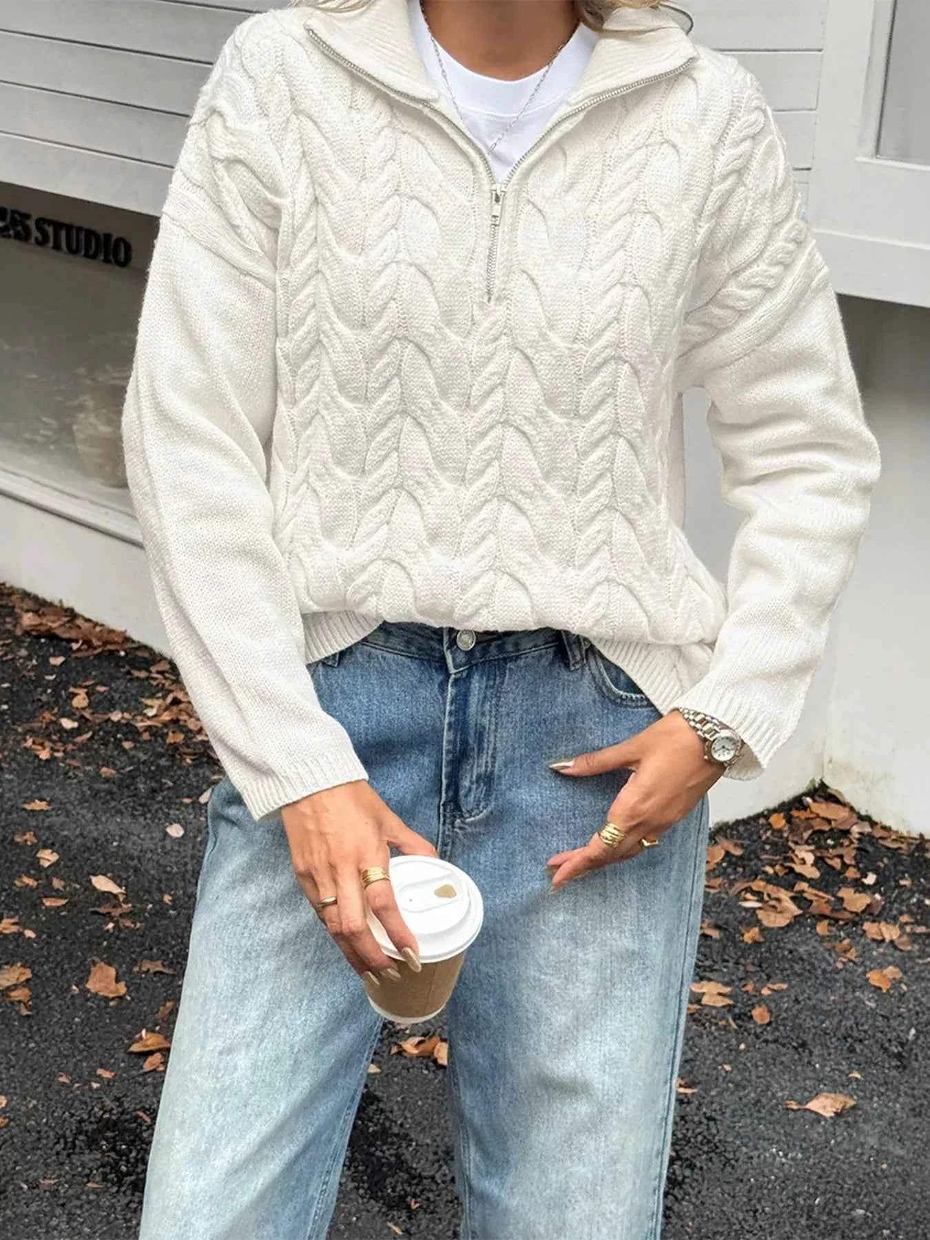 Zip Collar Cable-Knit Sweater 75b55c23ca434ed793a50cf1100fd73f-Max-Origin