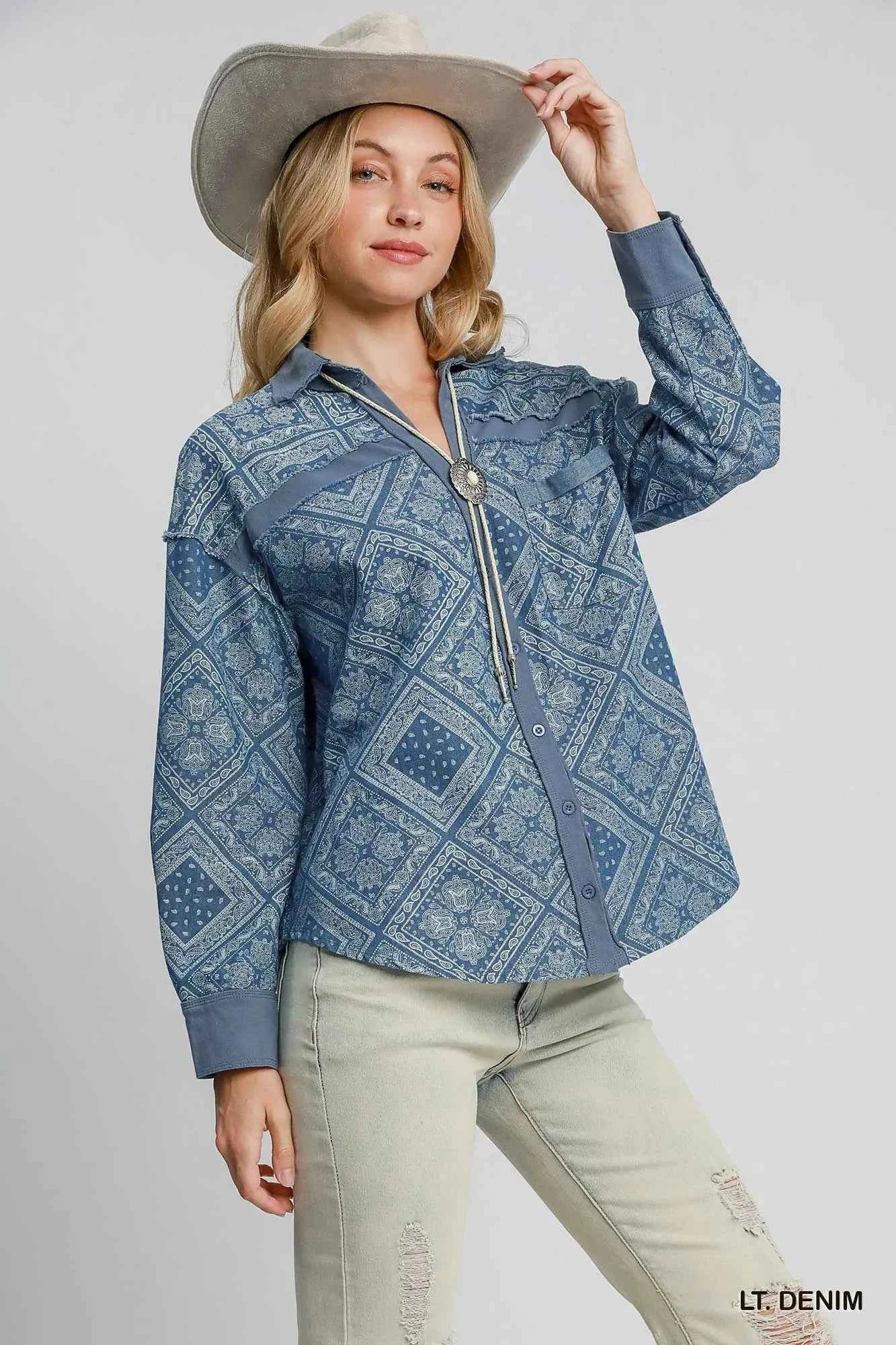 Umgee Paisley Print Denim Shirt Jacket 75c60e5f-86a6-47fe-856b-a9aa2a405278-Max-Origin