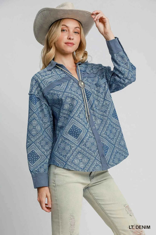 Umgee Paisley Print Denim Shirt Jacket 75c60e5f-86a6-47fe-856b-a9aa2a405278-Max-Origin