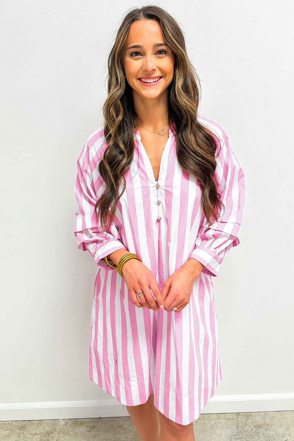 Rose Striped Long Sleeve Buttons Loose Mini Dress 75c62ecc76c05146