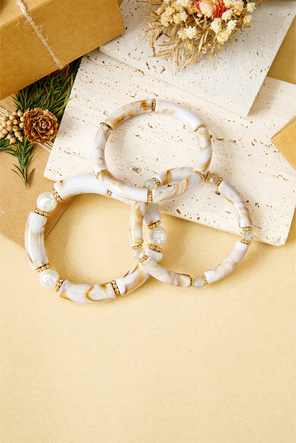 White 3pcs Boho Vintage Acrylic Beaded Bracelet Set 75ccde931df218d8