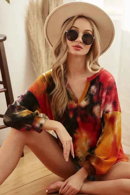 BiBi Tie Dye Brushed Waffle Top With Bubble Sleeves 75cff69d74994871b0f844e88fa856bc-Max-Origin