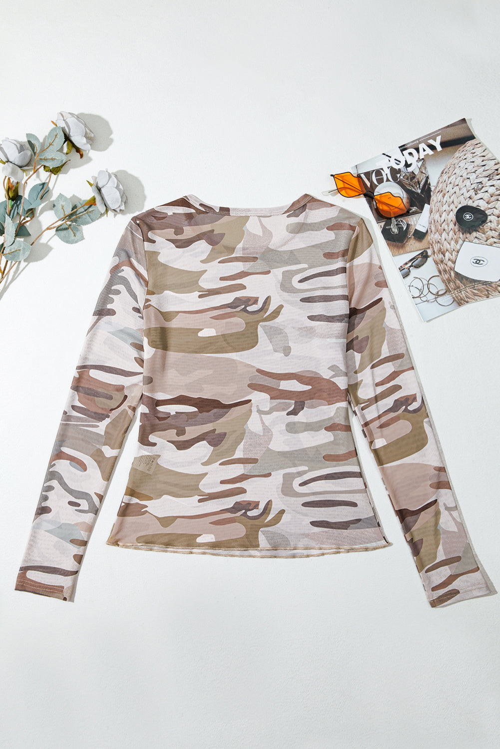 Green Camouflage Print Slim Fit Long Sleeve Top 75d07d8f1ec9db2c