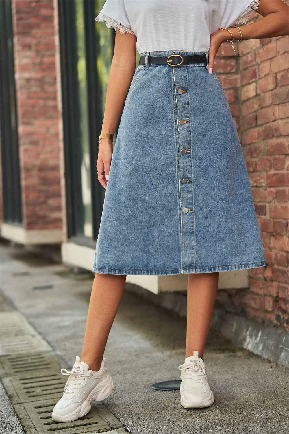 Button Front A-Line Denim Skirt Medium 75d4bdf6fbf2471394223f967ed0b238-Max