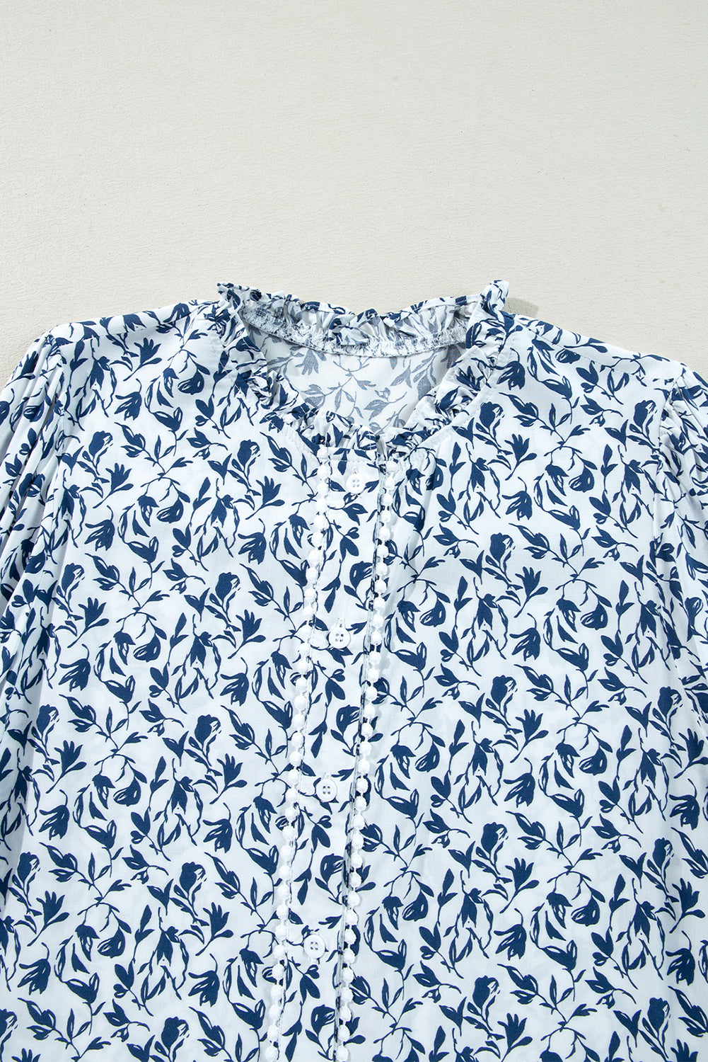Blue Floral Print Lace Detail Puff Sleeve Shirt 75d6e47aafd664fc
