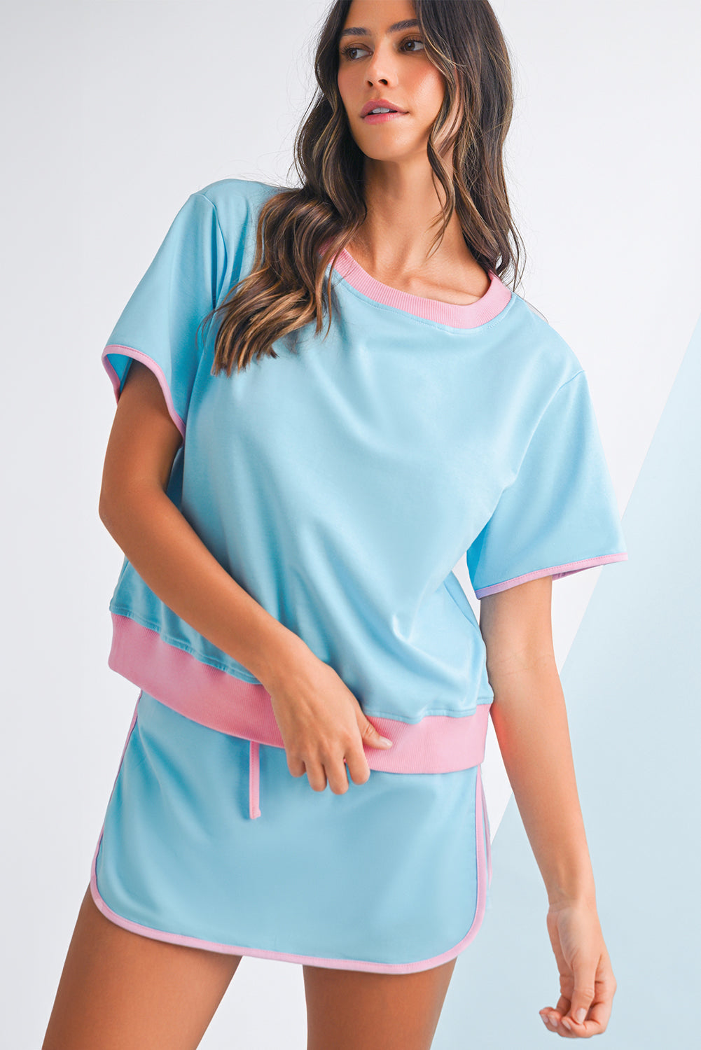 Black Colorblock Edge Drop Shoulder T Shirt and Skort Set 75da2a94cea65f8c