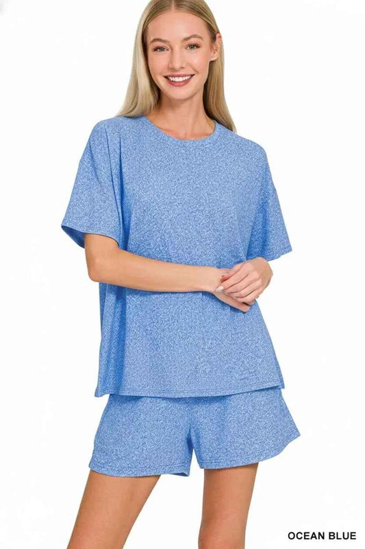 Zenana Soft Melange Short Sleeve Tee and Shorts Set 75dae7a0-8c05-4290-8fc1-97b71c51a7be-Max-Origin