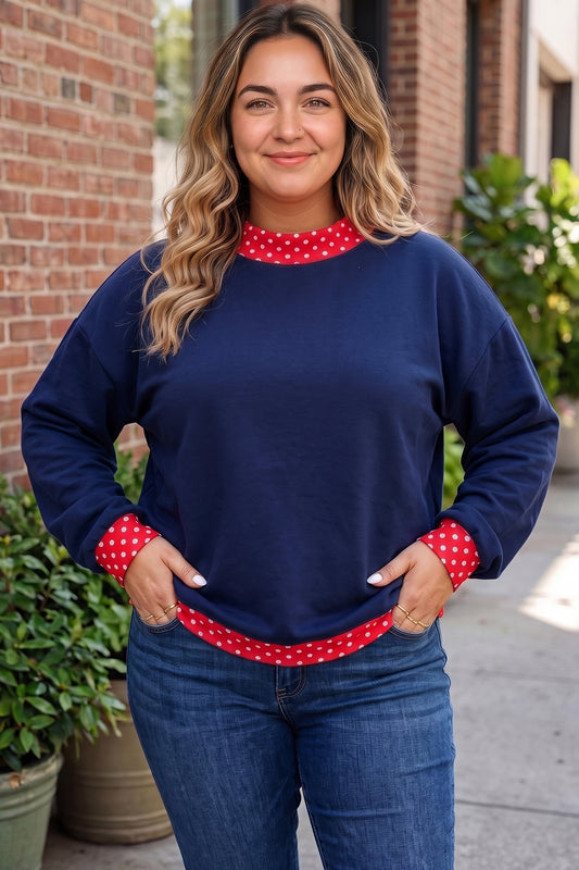 Dirty blue ka Dot Patchwork Round Neck Plus Size Sweatshirt 75db9e0d57fc0597
