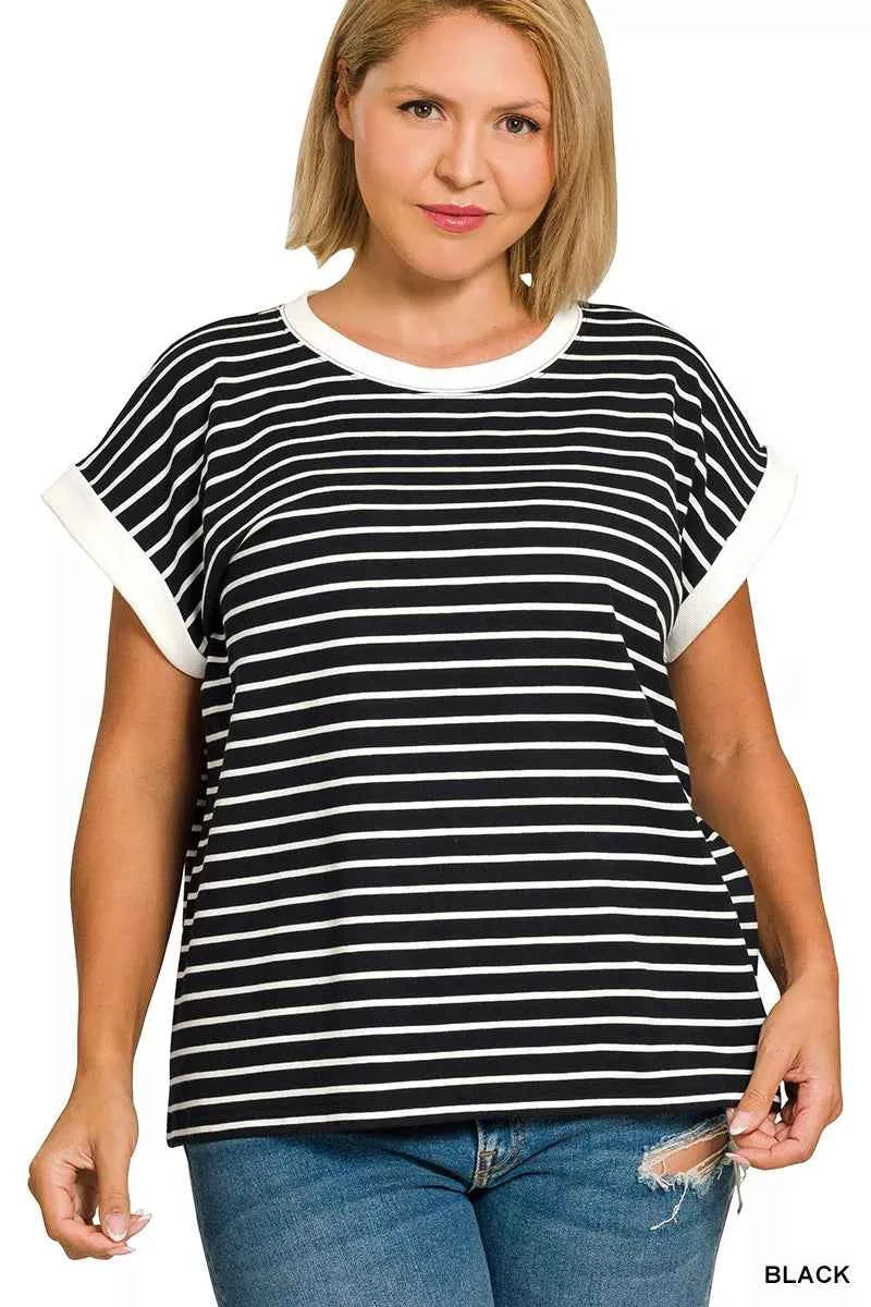 Zenana Full Size Contrast Trim Cap Sleeve Stripe Tee Plus Size 75e164af-12bc-4898-b47c-0b22182202e3-Max-Origin