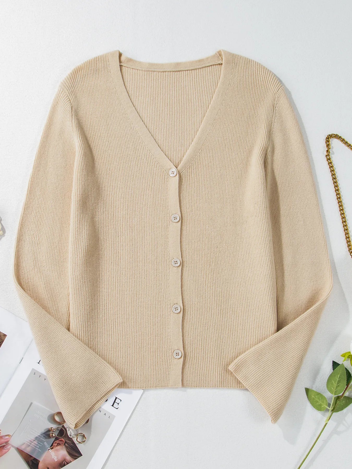 Ribbed Knit Button Front V Neck Cardigan 75e55da26e6d4addaf699171dd386c30-Max-Origin