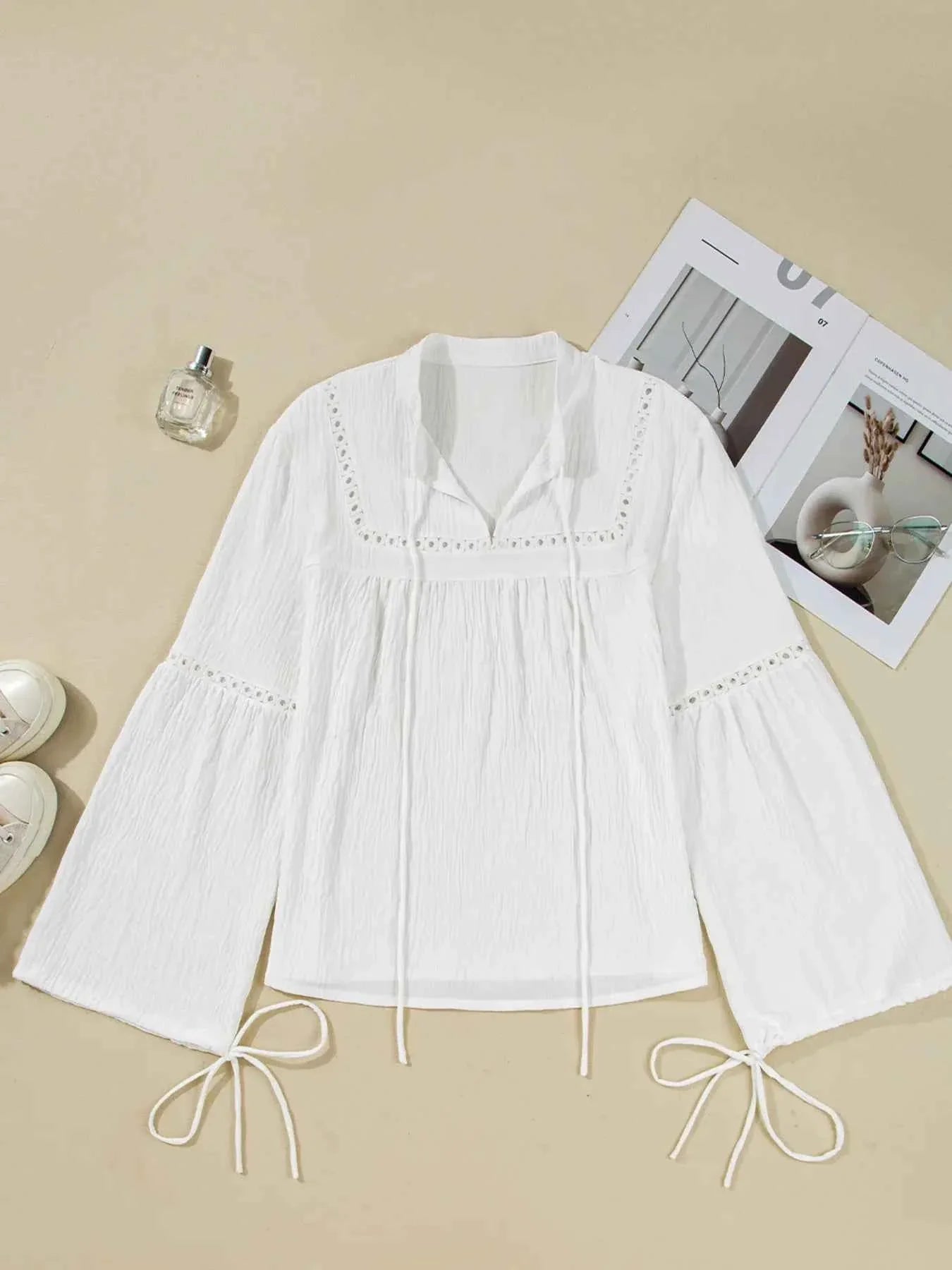 Drawstring Puff Sleeve Tie Neck Blouse 75e9ba5dd31149a6892d1b94d72f6247-Max-Origin