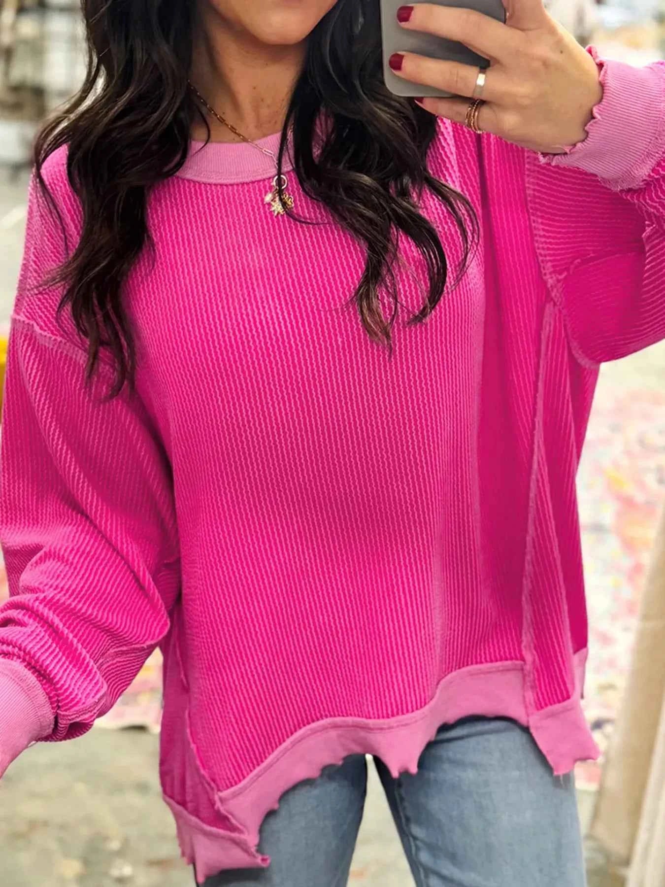 Twisted Rib Uneven Hem Drop Shoulder Loose Sweatshirt Hot Pink 75ee2ebe874b4baa9f25a14c9b254971-Max-Origin