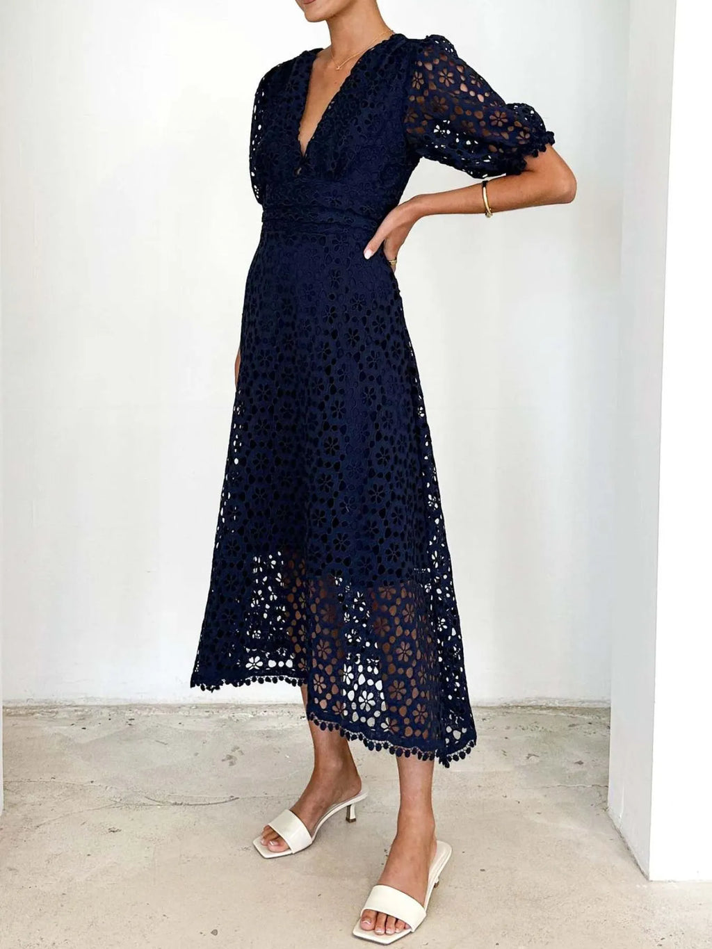 Eyelet Lace V-Neck Midi Dress with Puff Sleeves 75f3b13b-07bd-4b84-958f-c4e9945d2a7a-Max-Origin