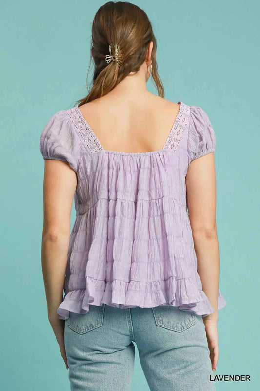 Textured Square Neck Bow Tie Blouse with Ruffle Hem 75f46bd1-3ec5-469c-9769-9c7a46690cc7-Max-Origin