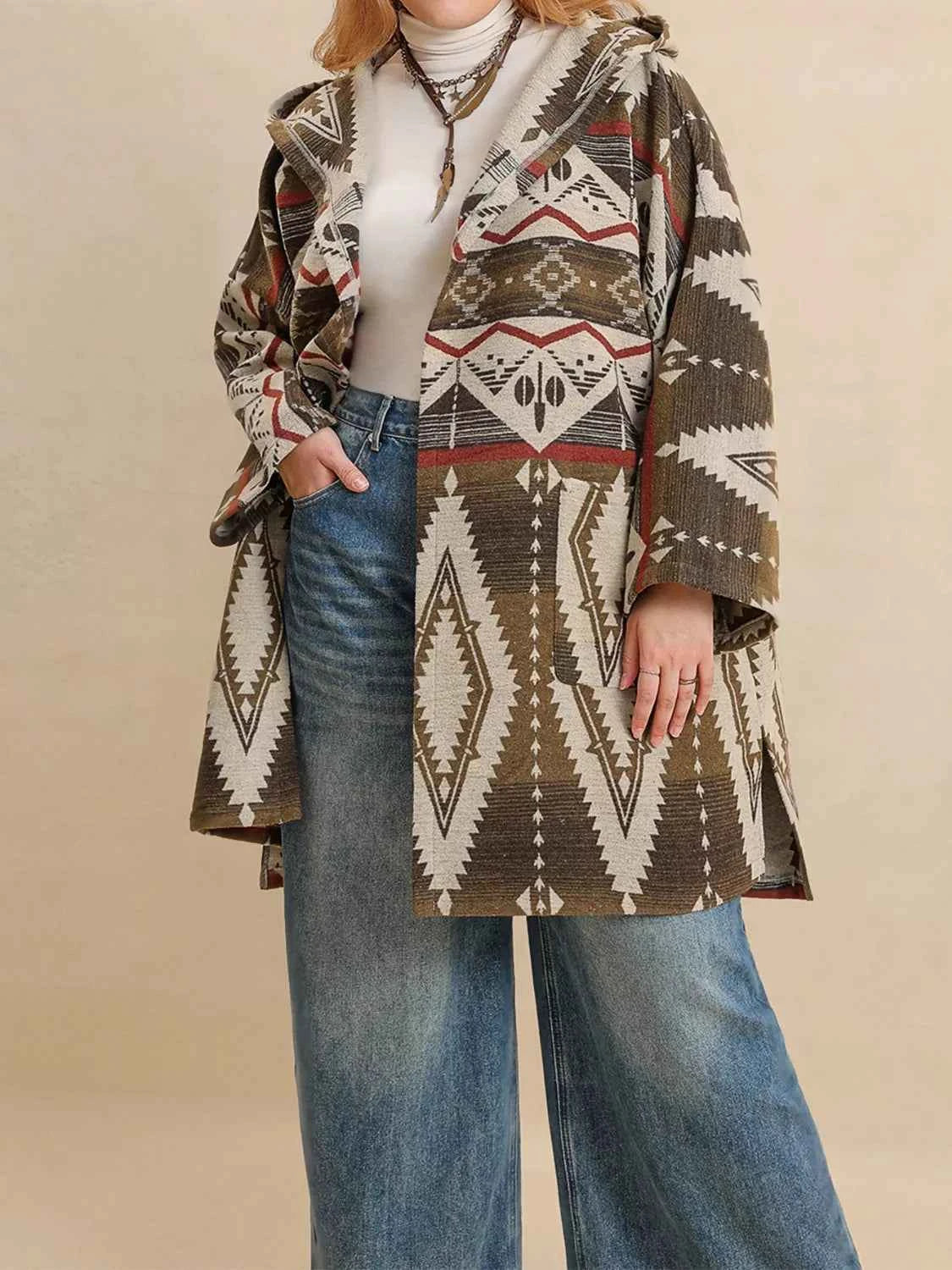 Plus Size Aztec Print Hooded Open Front Cardigan 75f6a8ad-a79c-452a-a9ba-85921372ed38-Max-Origin