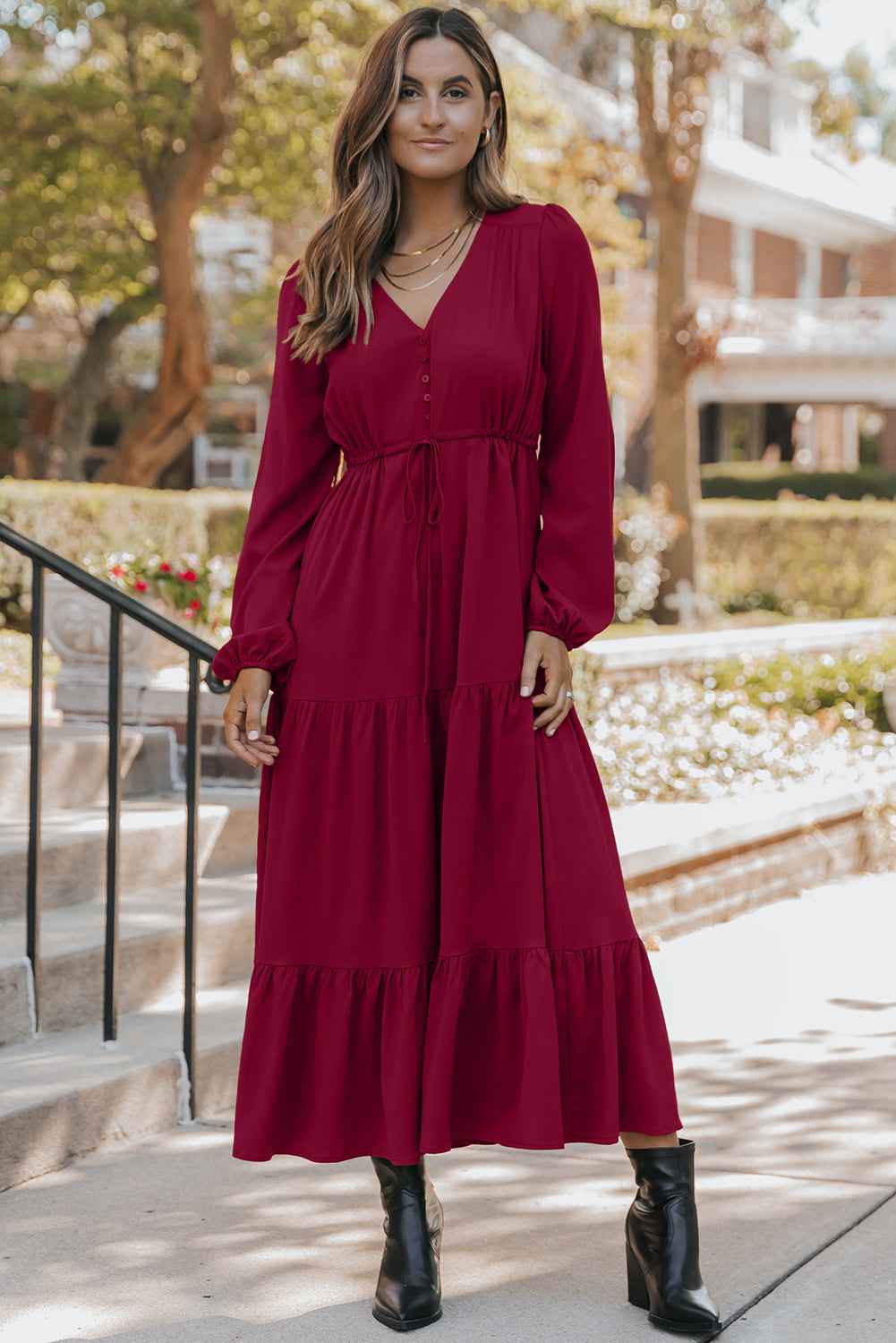 Blackish Green Solid Long Sleeve Button V Neck Tiered Maxi Dress 75f701e051433875