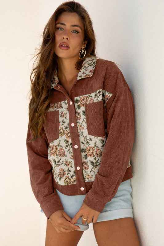 Floral Patchwork Ribbed Corduroy Shirt Jacket 75f9f099-19a4-43be-b3f6-5b03bf88dcb2