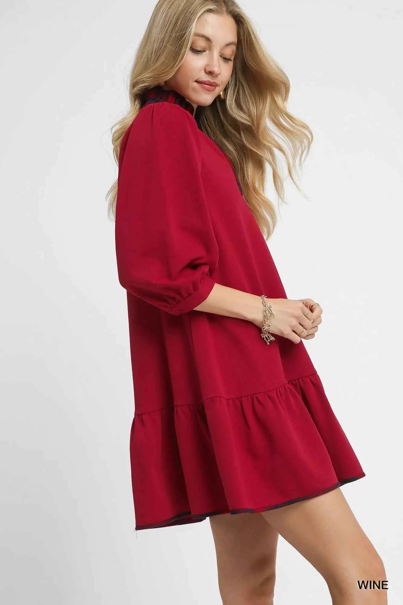 Umgee French Terry Ruffle Hem Dress with Plaid Trim 75fa91bd-67e8-4c95-8df9-8867b72e6c42-Max-Origin