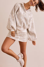 White Abstract Woodland Print Balloon Sleeve Pullover Drawstring Mini Skort Set 75fd76713fb66aac