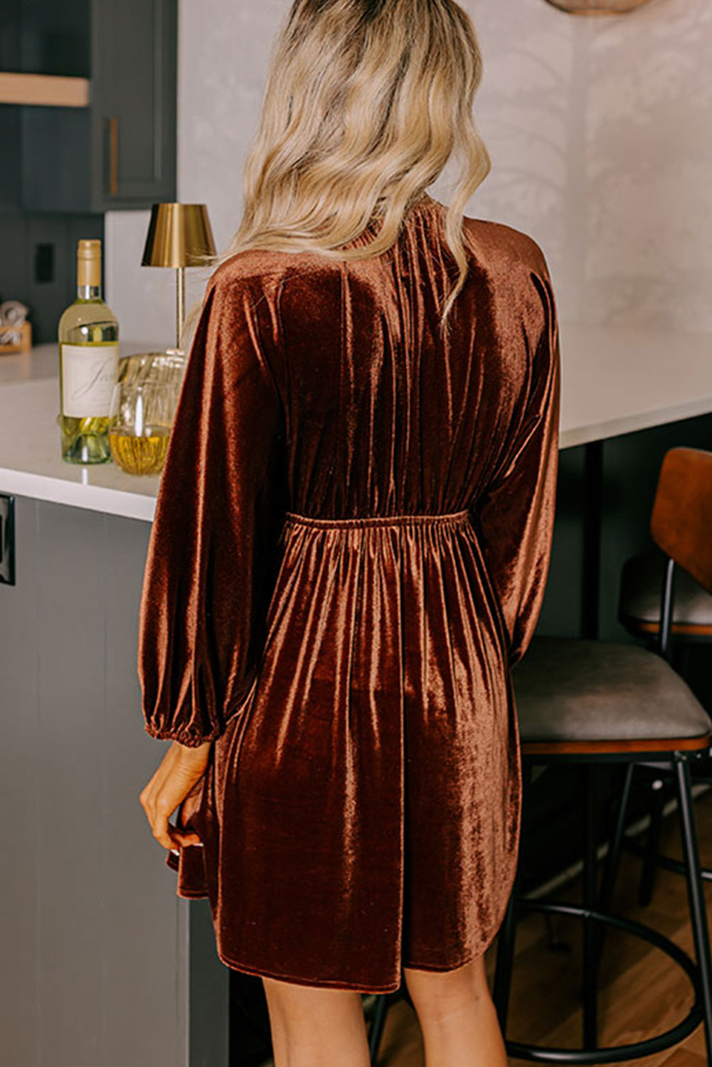 Clay Elastic V Neck Puff Sleeve Flowy Velvet Dress 75ff908465374e7a