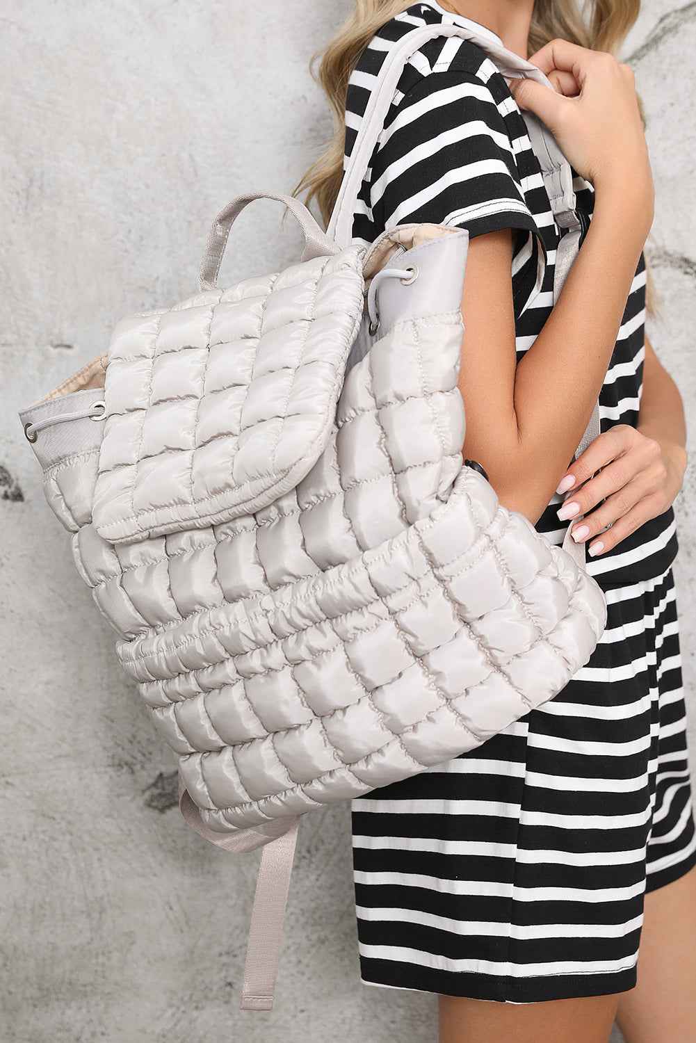 Medium Grey Solid Flapped Quilted Puffer Backpack 76035336f377bb19