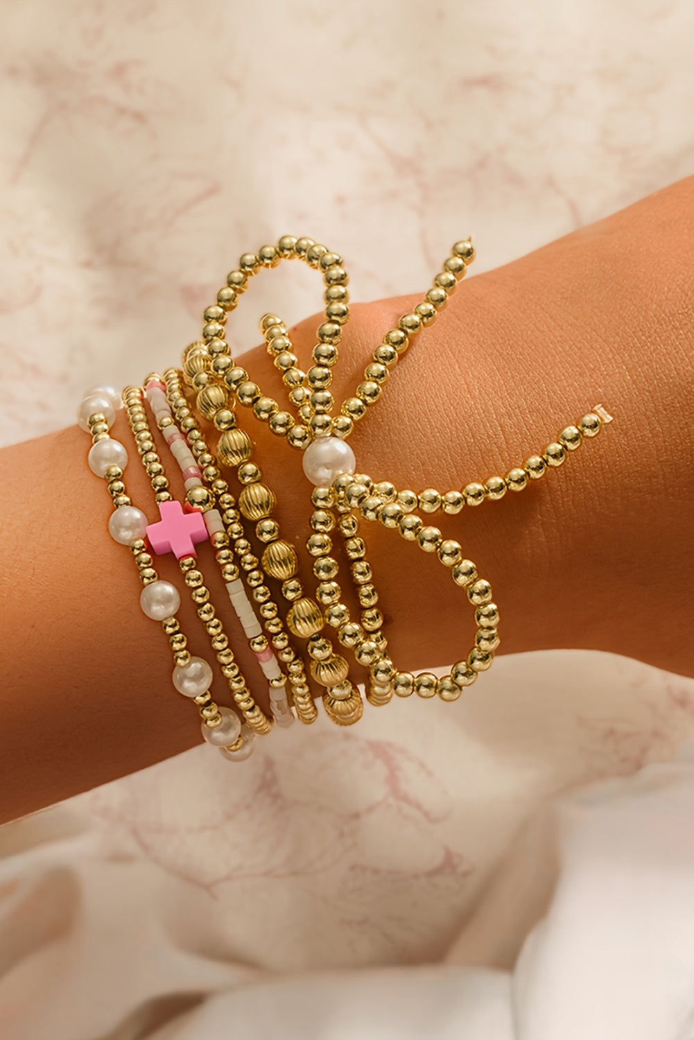 Gold Bow Pearl Cross Beaded Bracelet Set 7609e17c568d4689