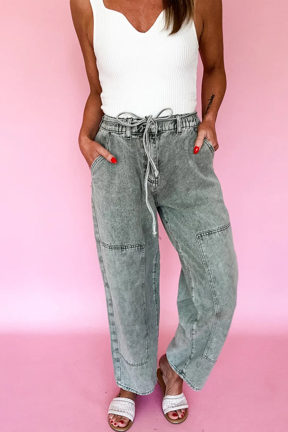 Smoke Gray Acid Wash Barrel Fit Denim Pants with Waist String Gray 75%Cotton+23%Polyester+2%Elastane 760d27feb2621ee3
