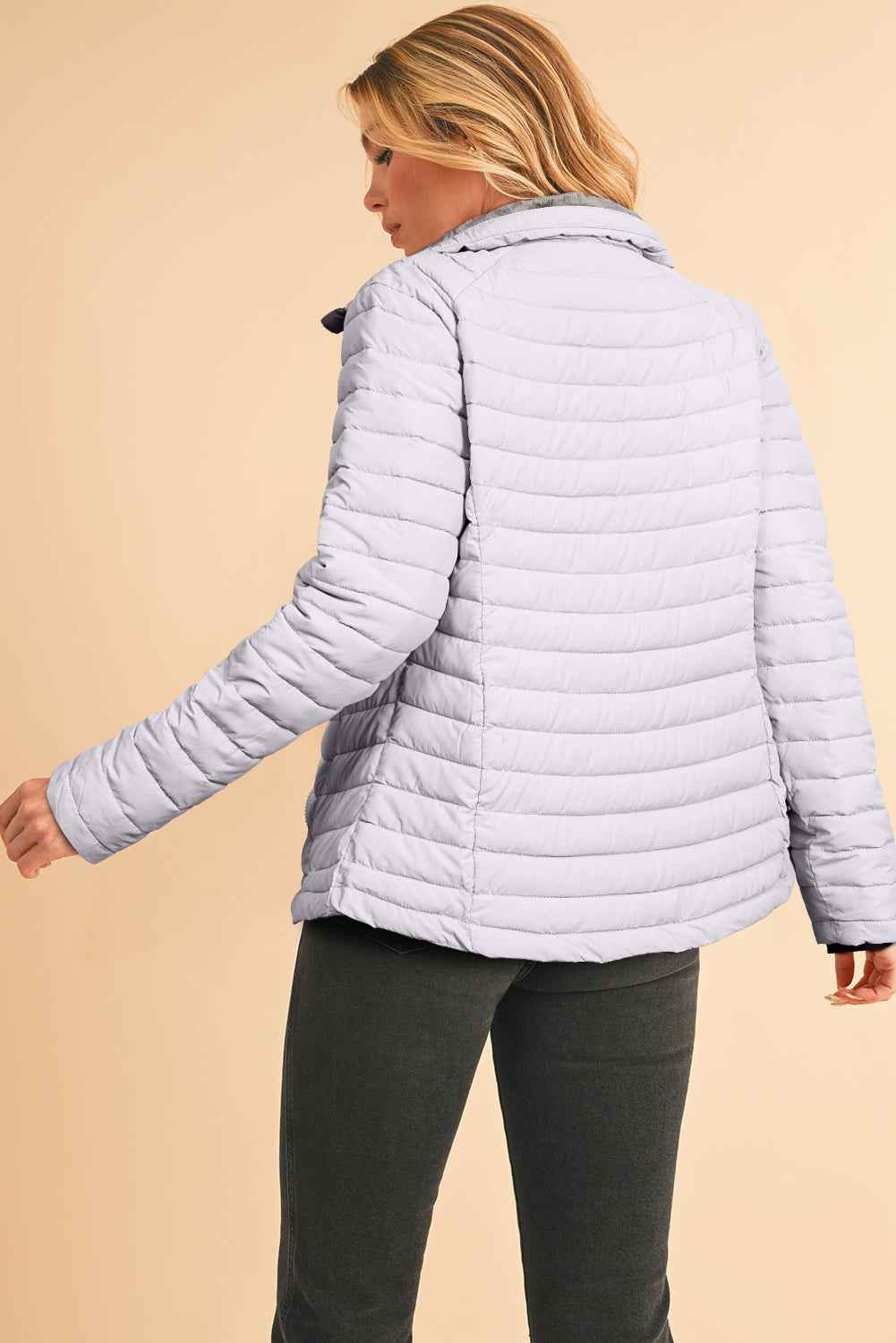 Silvery Solid Color Quilted Zip-up Puffer Jacket 760d3974a570fa46