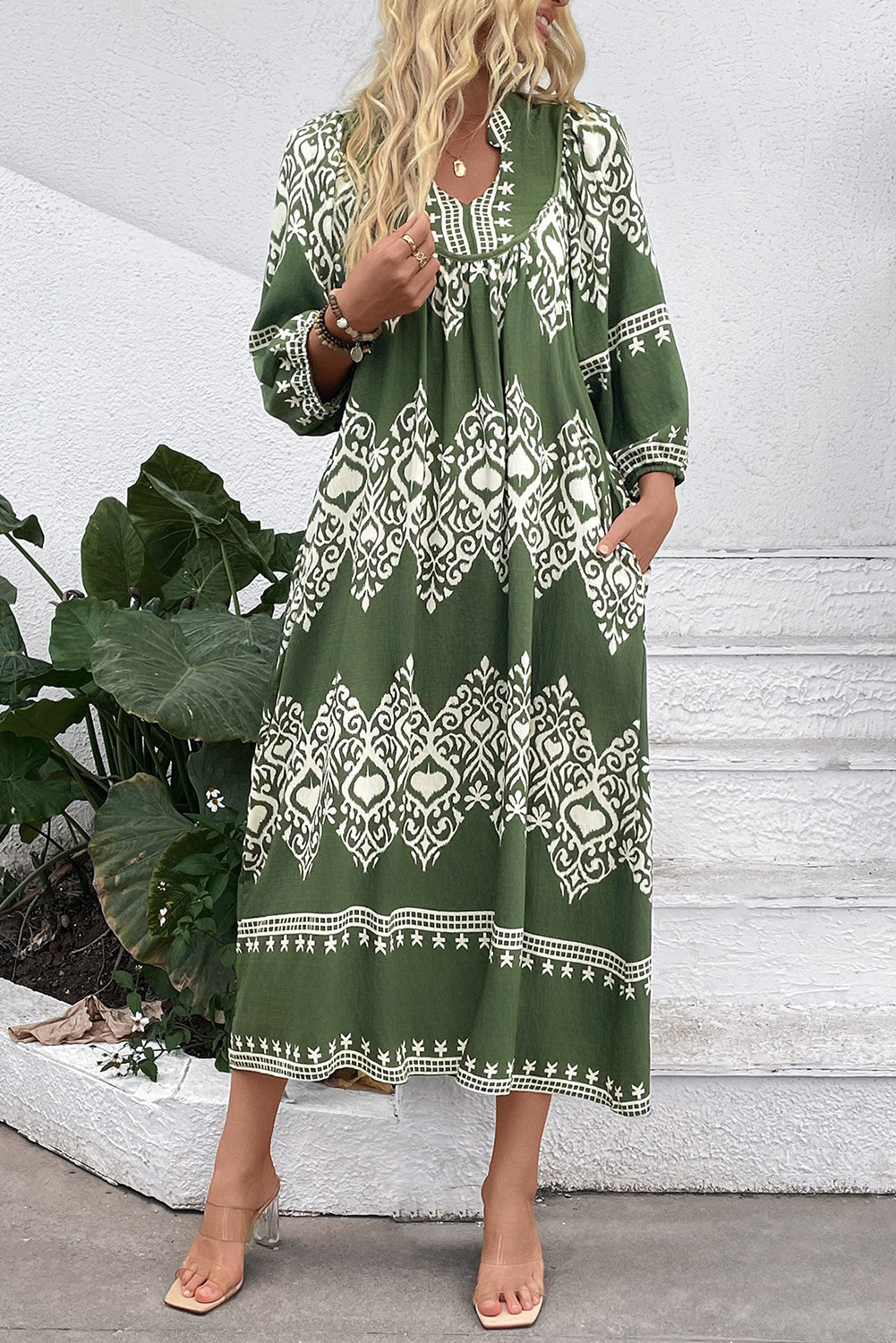 Green Abstract Geometric Print Long Sleeve Vacation Dress 761202caa0a464a0