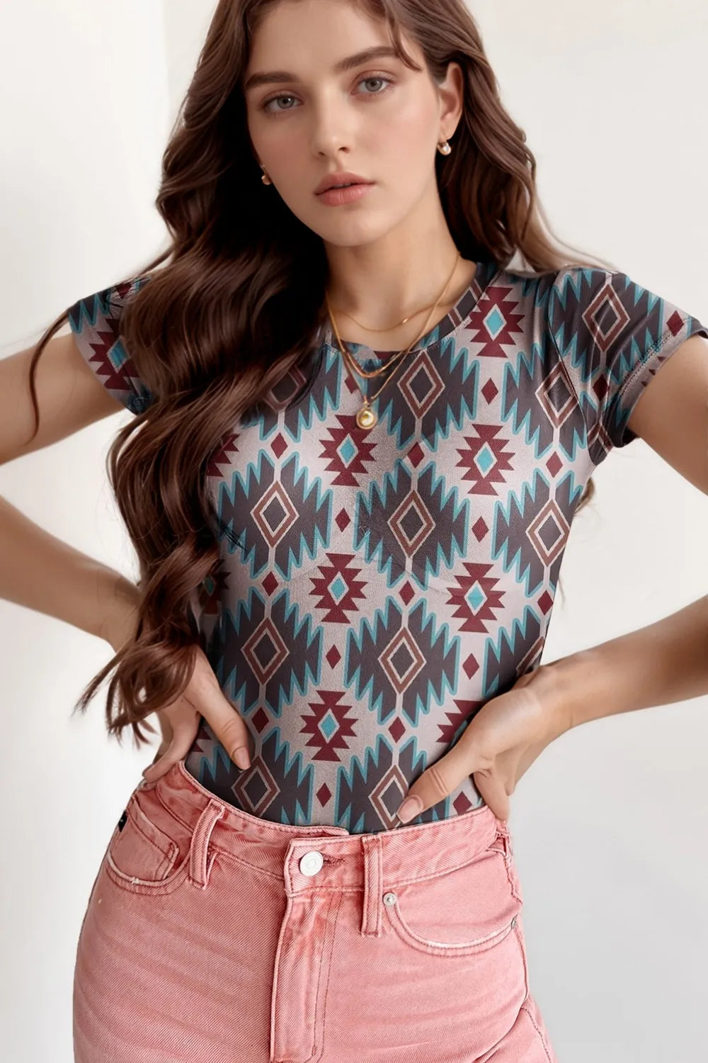 Western Aztec Print Mesh Slim T Shirt Floral 76148645-4971-47c6-8f88-e7053734af24-Max-Origin