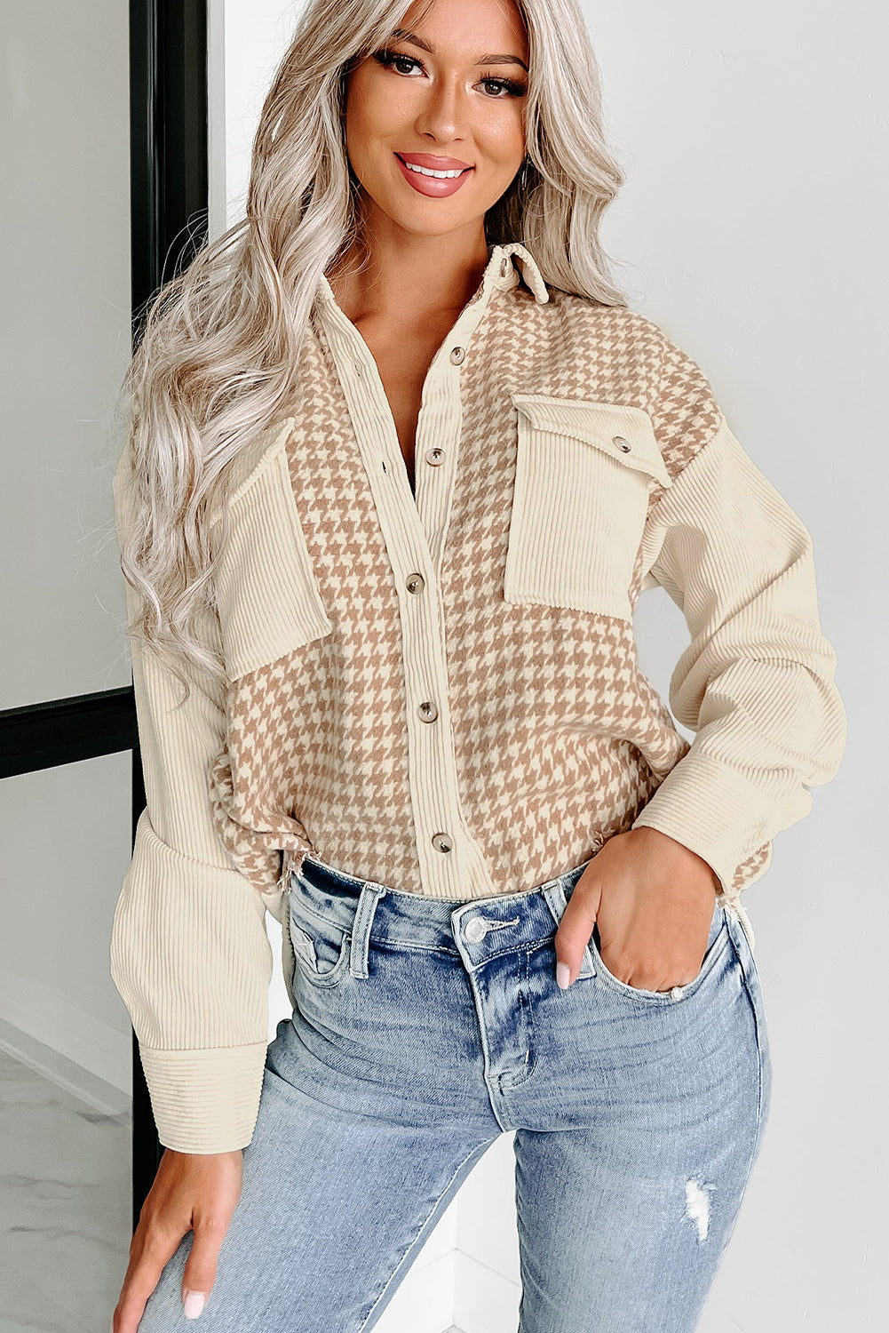 Parchment Houndstooth Corduroy Patchwork Flap Pocket Shacket 76173a92d2a02fd6