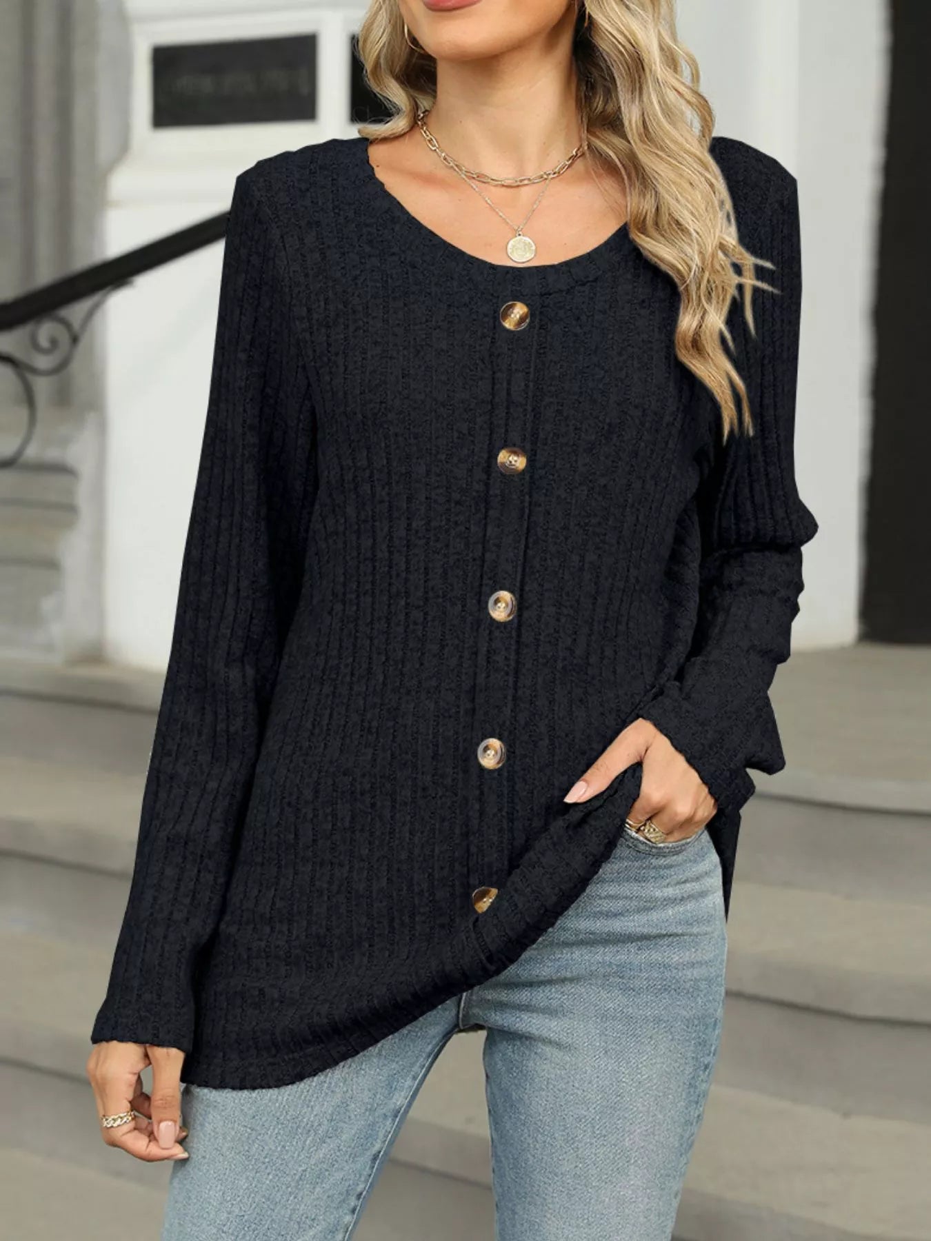 Ribbed Round Neck Long Sleeve Top Black 761c4a0d-207a-4ace-9cf4-bca0852fb6a1-Max-Origin