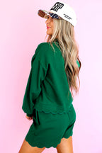 Blackish Green Embroidered Scallop Trim Half Button Pullover Casual Shorts Set 7625353511e4eb98