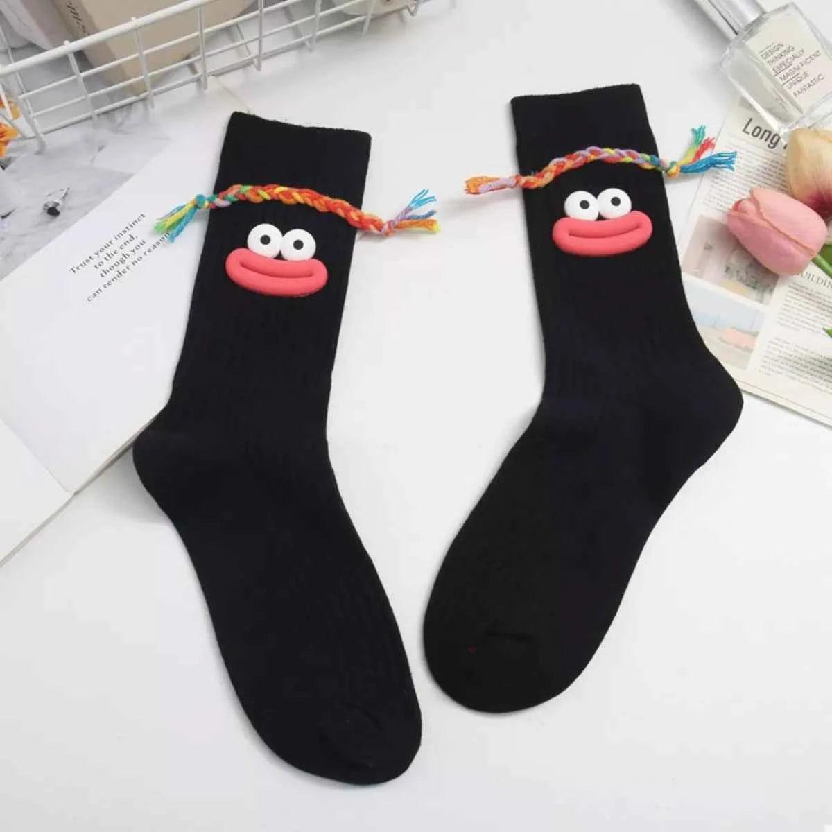 Cartoon Ribbed Knit Crew Socks Black C One Size 7629de4b-95e6-400e-b2fd-d5efa31d332a-Max-Origin