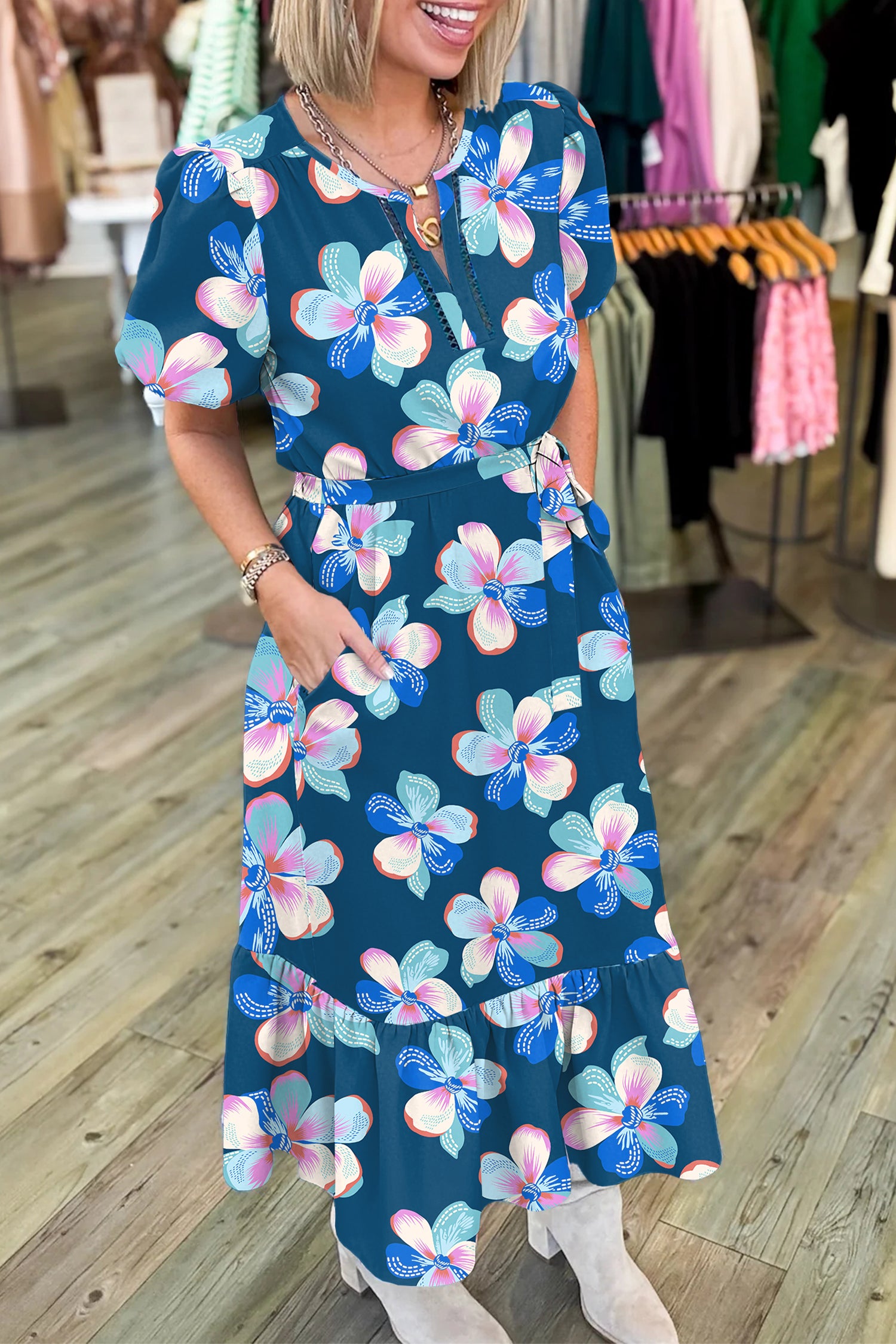 Blue Floral Print Short Puff Sleeve Ruffle Hem Belted Long Dress Blue 100%Polyester 762d792521fdaa46
