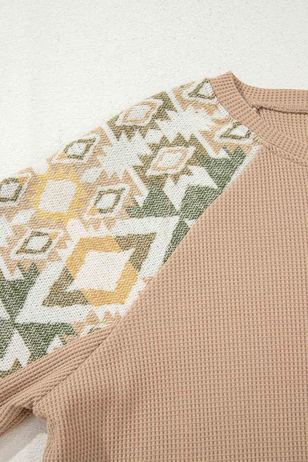 Smoke Gray Waffle Patchwork Geometric Raglan Sleeve Top 762d8a0f0f44a9b7