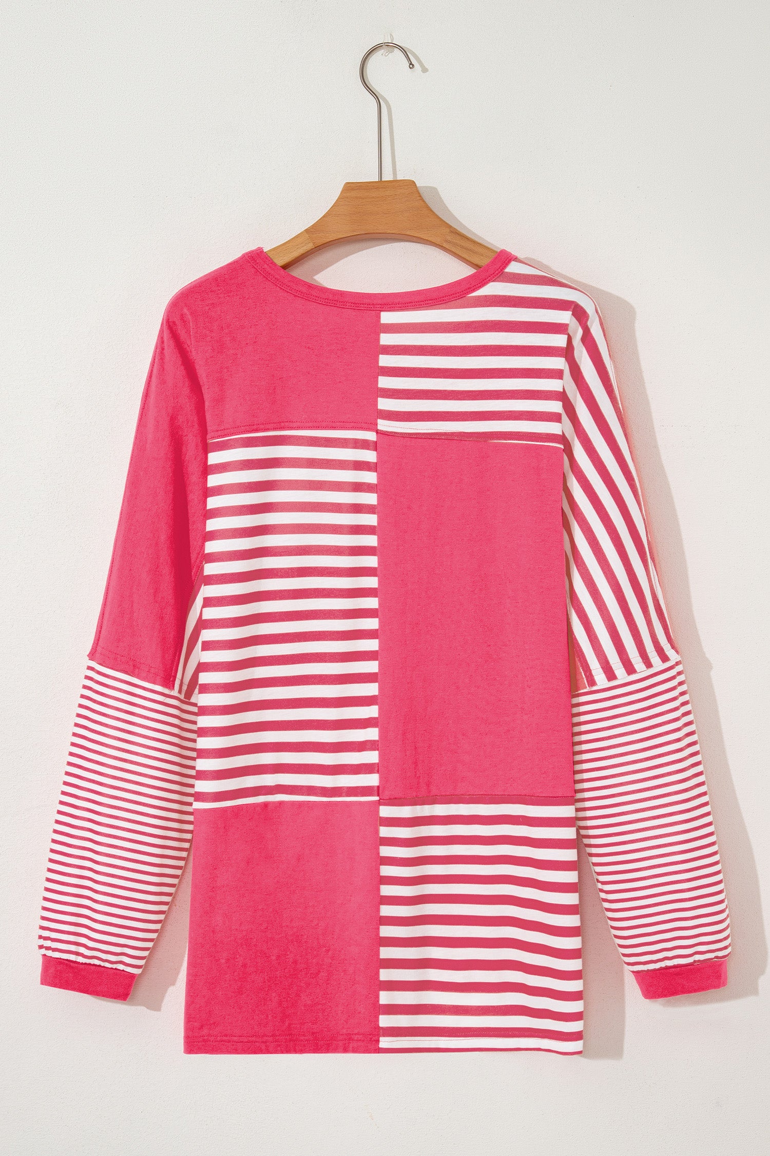 Pink Stripe Color Block Patchwork Drop Shoulder Long Sleeve Tunic Top 763618891f99dc46
