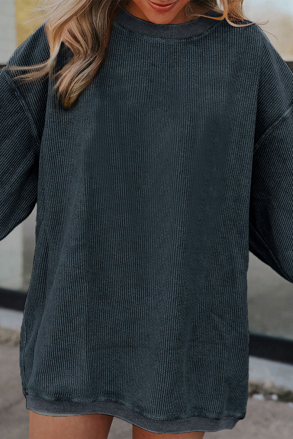 White Drop Shoulder Rib Knit Oversized Sweatshirt 7637082118902f09
