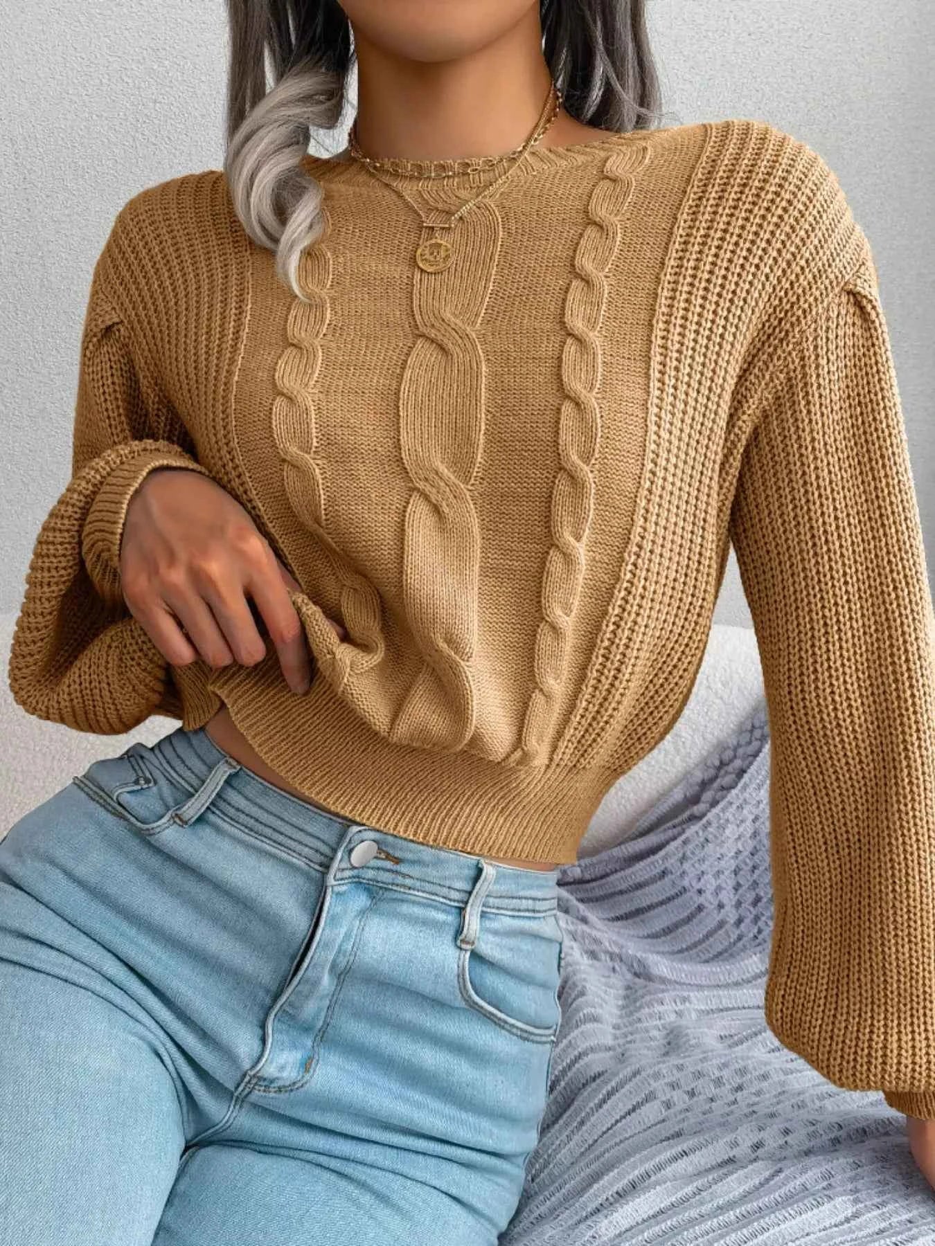 Cable Knit Round Neck Cropped Sweater Taupe 763720fb-00ee-47ec-96c2-218b2b851a2e-Max-Origin