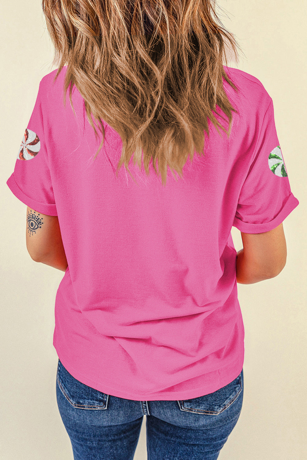 Sachet Pink Peppermint Candy Pattern Sequins Patch Christmas Custom T Shirt 763949a87ad2446b