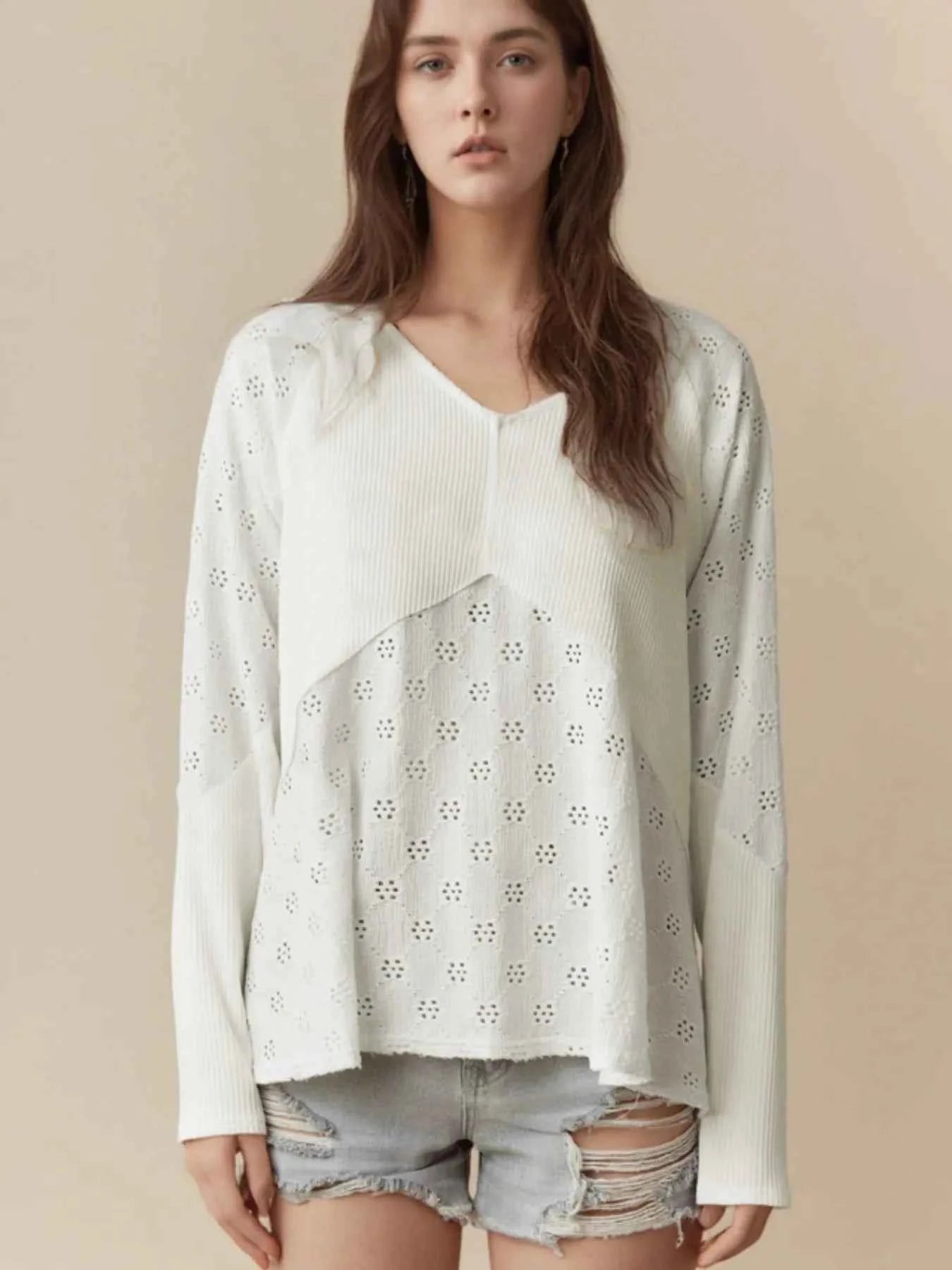 Eyelet Embroidered Loose V Neck Long Sleeve Top White 76399913-e2e8-4ef0-94a4-b9b73418b388-Max-Origin