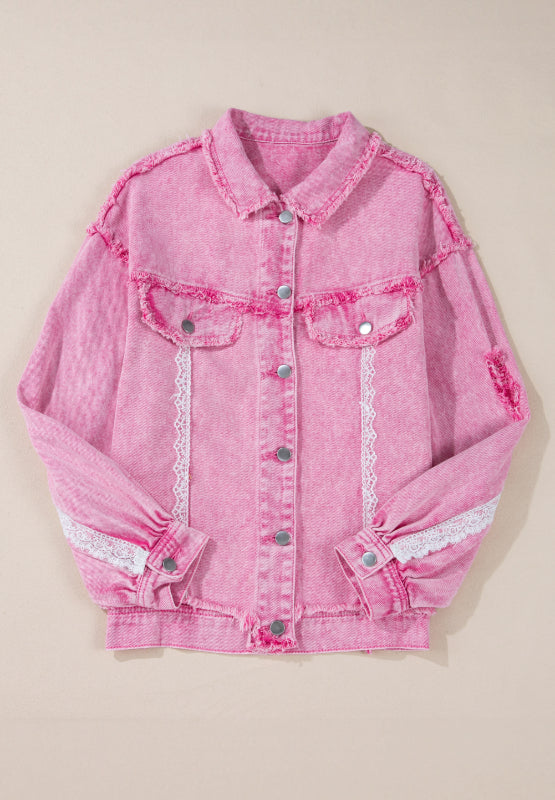 Lace Detail Distressed Button Up Denim Jacket