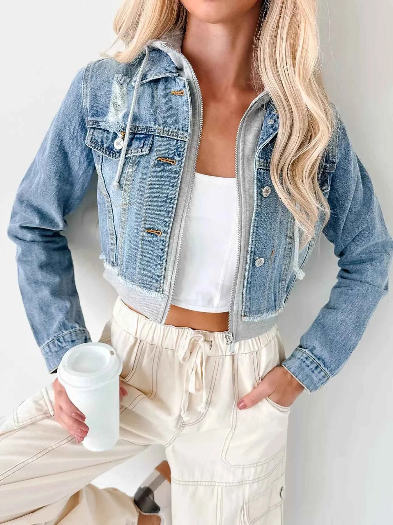 Distressed Zip Up Cropped Hooded Denim Jacket 76408e3c45284d50aec4f62f394e6631-Max-Origin