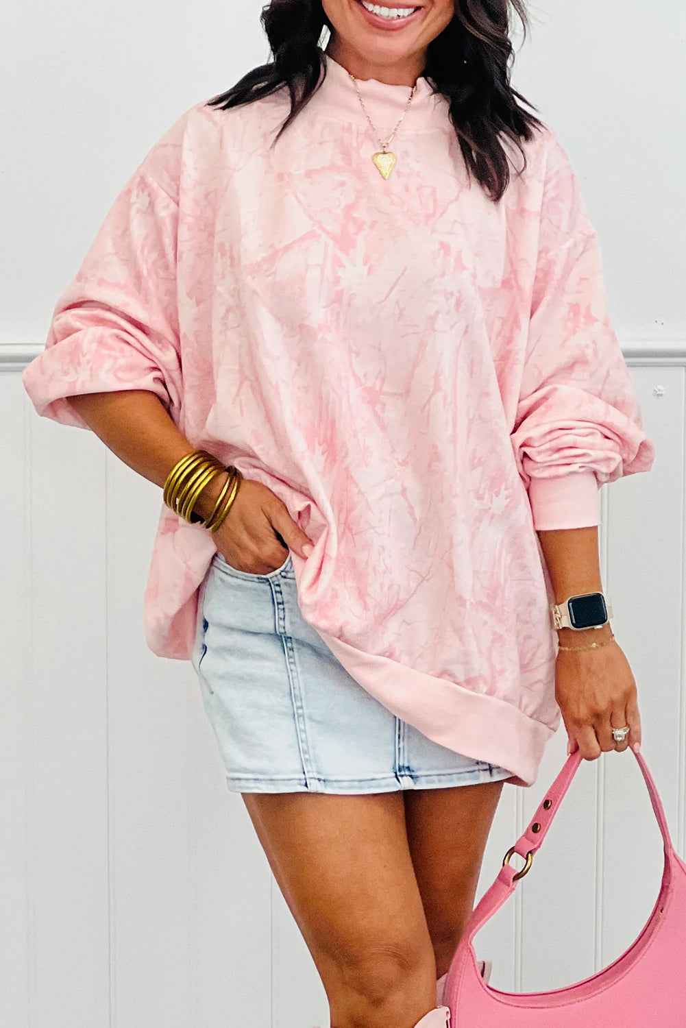 Pink Camo Print Mock Neck Loose Sweatshirt Pink 100%Polyester 7645749a33589512