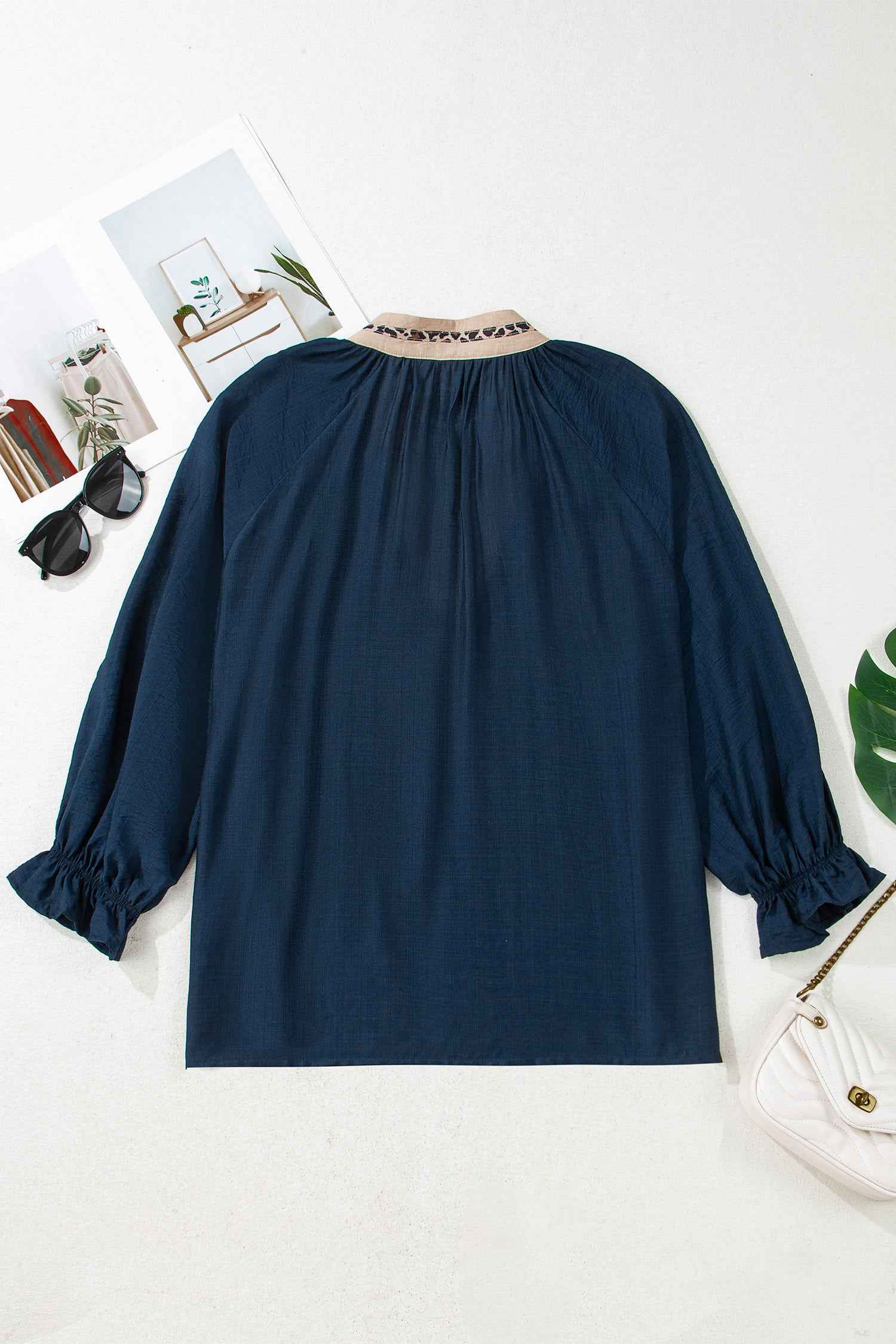 Navy Blue Contrast Leopard Patchwork Collar Plus Size Long Flounce Sleeve Blouse 7658f3c3c96d1586